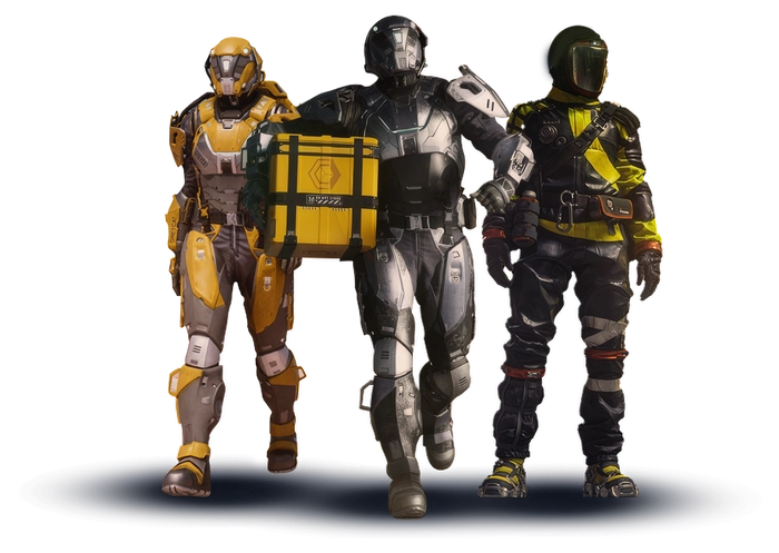 Three friends hanging out together in the Star Citizen universe.